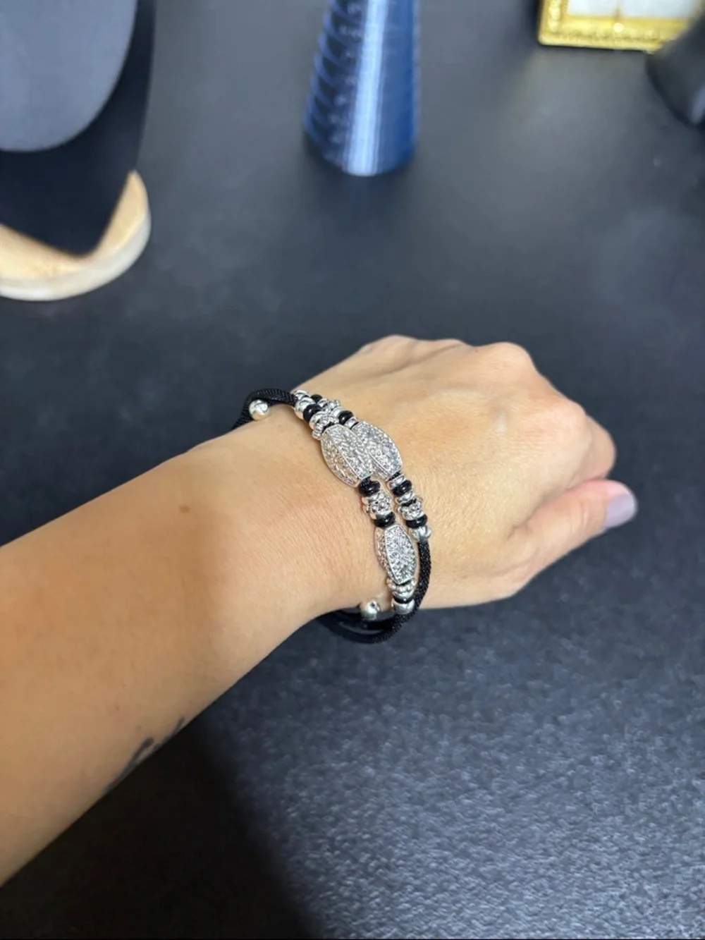 Silver-Tone Floral Bead Black Wire Wrap Adjustable Elegant Bracelet